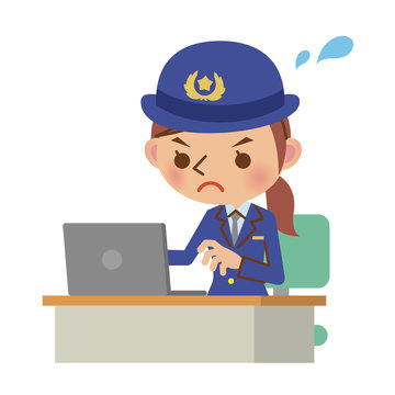 recommend clip art: 忙しそうにノートパソコンを操作する女性警察官