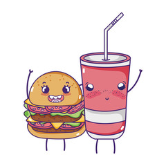 fast food cute tasty burger plastic cup and cartoon