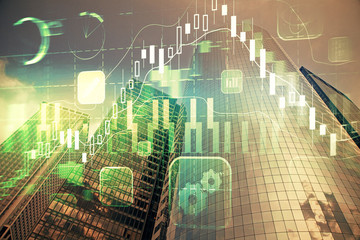 Forex chart on cityscape with skyscrapers wallpaper multi exposure. Financial research concept.