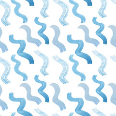 Seamless watercolor painted pattern with blue waves on a white background