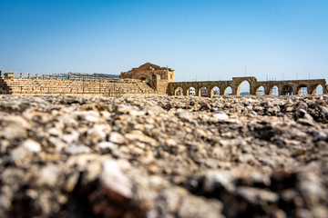 Hippodrome of Roman Ruins of Gerasa, Jerash, Jordan, low angle viewpoint. Concrete in foreground.