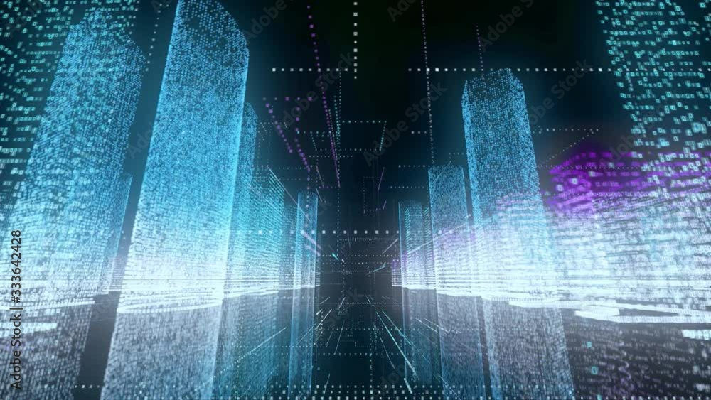 Poster abstract shining city wireframe in bright blue and white colors consist of particles linked in lines