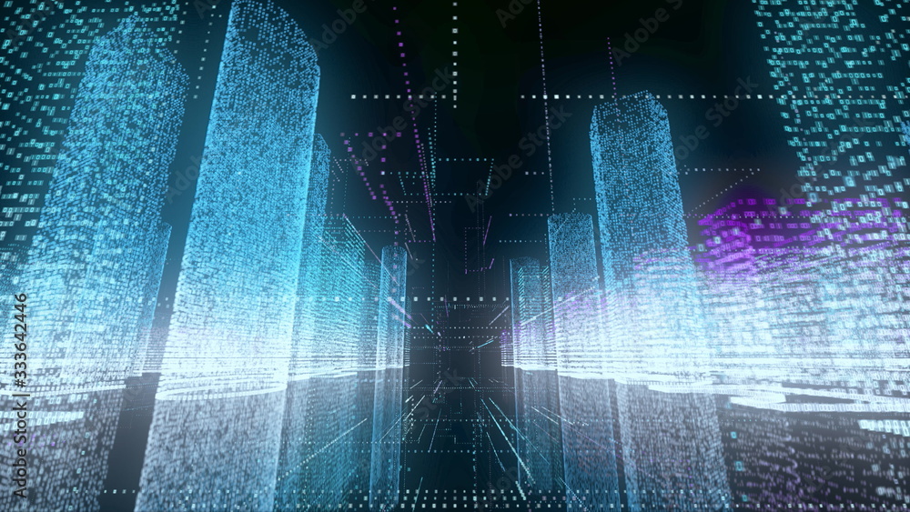 Poster abstract shining city wireframe in bright blue and white colors consist of particles linked in lines
