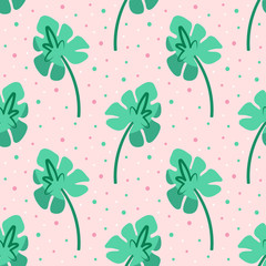Green cute leaf. Flora design elements. Wild life, nature. Flat cartoon colourful vector hand drawn seamless pattern, texture, background, backdrop.