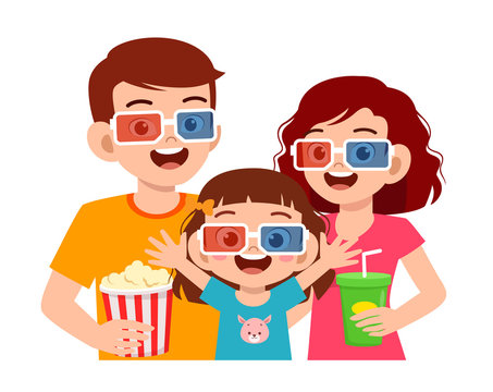 happy cute little kid girl with movie with mom and dad