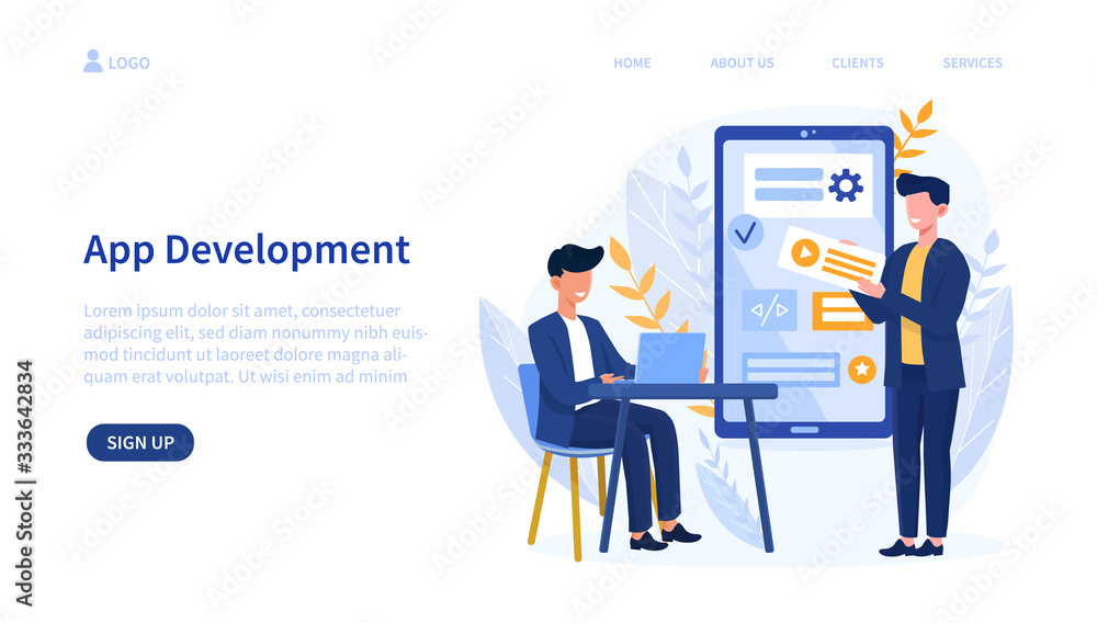 Aufkleber illustrated mobile app development concept with developers having a discussion. vector illustration