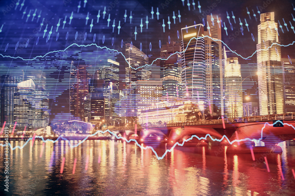 Wall mural financial chart on city scape with tall buildings background multi exposure. analysis concept.