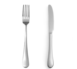 Fork and knife isolated on white background. Top view on cutlery