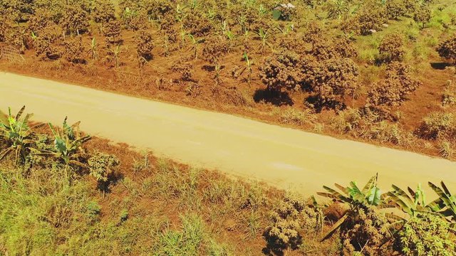 Un moto circule sur une route de terre et de sable orange vue du dessus en faisant beaucoup de poussi&egrave;re vers Phnom Penh, au Cambodge, en Asie.