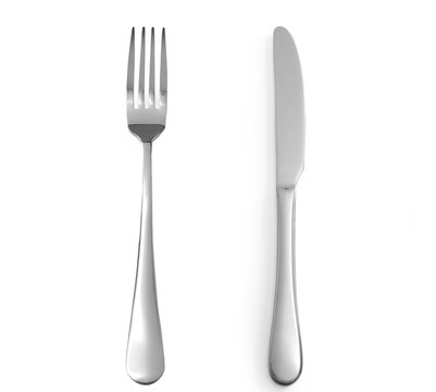 Fork And Knife Isolated On White Background. Top View On Cutlery