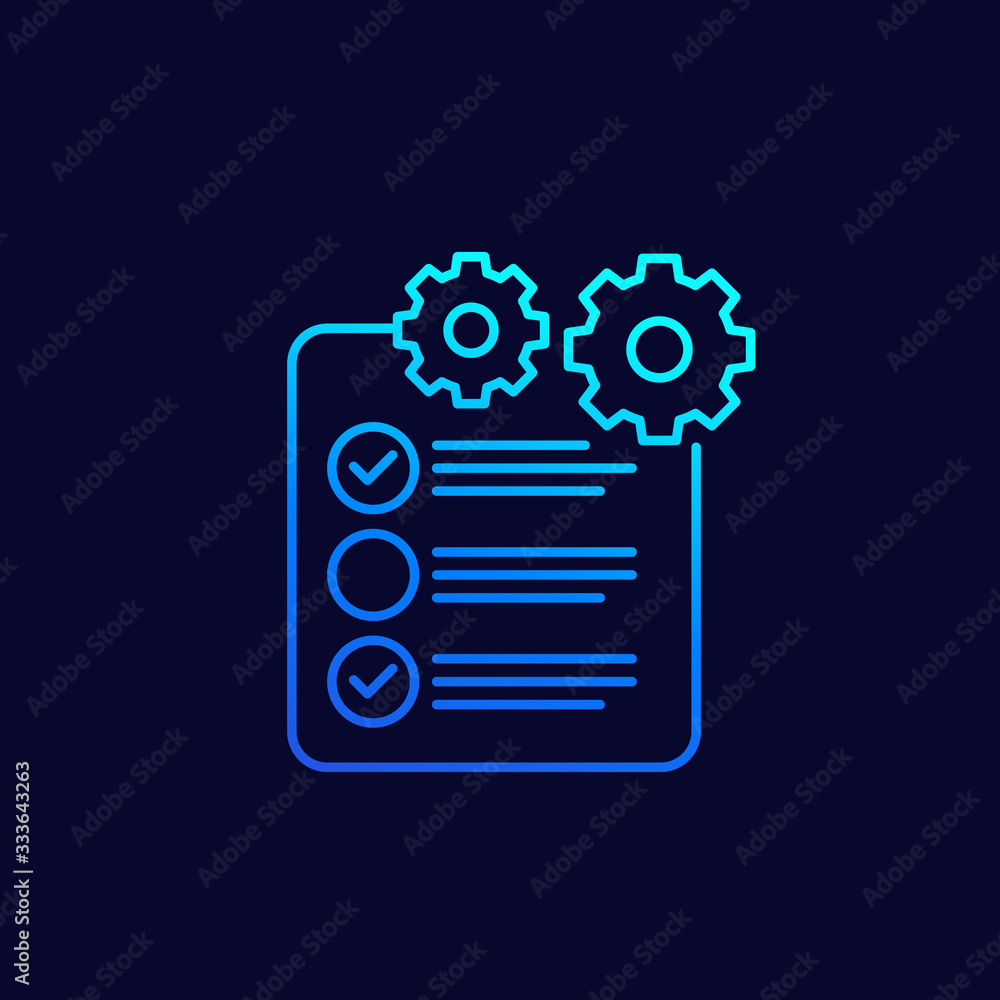 Poster check list icon with gear, project execution, linear design