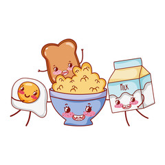 breakfast cute cereal fried egg bread and milk kawaii cartoon