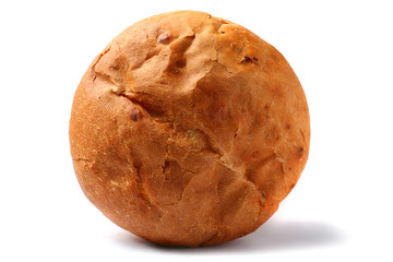 Round loaf of bread on a white background