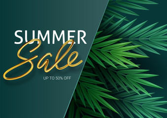 Hello summer, summertime, sale. Text poster against the background of tropical plants. Palm leaves, jungle leaf and gold lettering. The poster for sale and an advertizing sign. Vector illustration