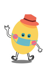 Happy Easter colored eggs. Card design.  Easter holiday card.  Very cute yellow egg mascot wearing hat and face mask in covid-19 hand drawn cartoon vector