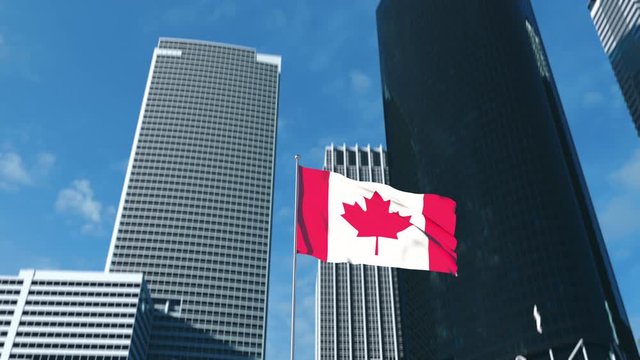 Flag of Canada waving in the wind on a sunny day, city skyscrapers on background