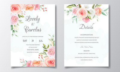Fototapeta na wymiar Wedding invitation card template set with beautiful rose and leaves