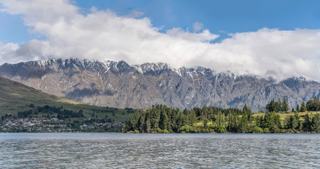 Remarkables range and Kelvin Heights peninsula at lake Wakatipu, from Queenstown, Otago, New Zealand