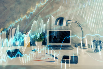 Double exposure of forex graph and work space with computer. Concept of international online trading.