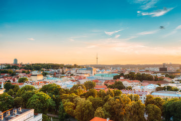 Vilnius, Lithuania. Sunset Sunrise Dawn Above Cityscape In Evening Summer. Beautiful View Of Vilnius Skyline With TV Tower