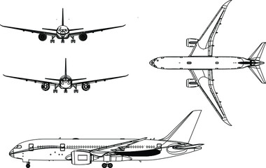 Vector. Realistic commercial airplane model isolated on white background. Front, rear, left side view.
