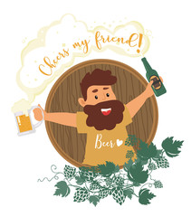 Illustration of hipster man in beer enthusiast themed concept. Vector illustration