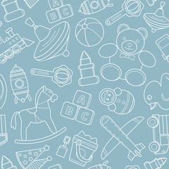Children's toy - Vector background (seamless pattern) of bear, ball, horse, car, train, duck, blocks and doll for graphic design