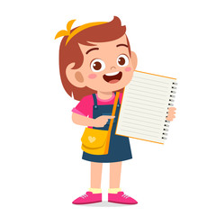 happy cute little kid girl hold notebook and pencil