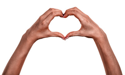 Female black hands  isolated white background showing  gesture heart, love. african woman hands showing different gestures