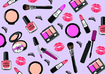 Fototapeta na wymiar cosmetics female shadow lipstick mascara pattern