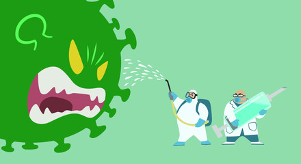 Big Virus monster fighting with Medical team in protective suit and Doctor