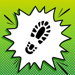 Footprint boot sign. Black Icon on white popart Splash at green background with white spots. Illustration.