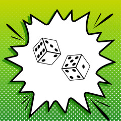 Dices sign. Black Icon on white popart Splash at green background with white spots. Illustration.