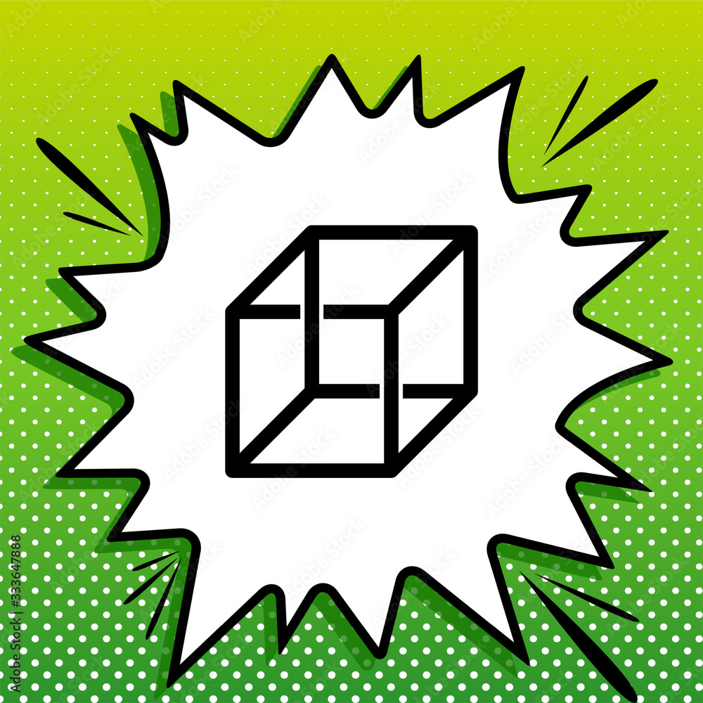 Poster wired cube sign with optical illusion. black icon on white popart splash at green background with wh