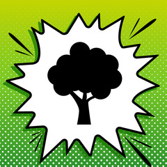 Tree icon. Black Icon on white popart Splash at green background with white spots. Illustration.
