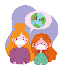 covid 19 coronavirus pandemic, girl with medical masks and sick world