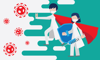 The two doctor wash mask fight with red cell of Coronavirus in white and green background. Vector flat cartoon design.