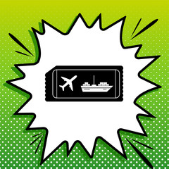 Ticket sign. Black Icon on white popart Splash at green background with white spots. Illustration.