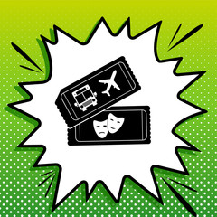 Two tickets for transport and theater sign. Black Icon on white popart Splash at green background with white spots. Illustration.