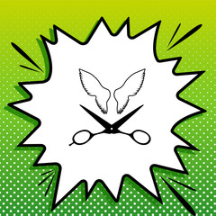 Wings and scissors sign. Black Icon on white popart Splash at green background with white spots. Illustration.
