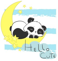 Hand drawn Cute Panda Bear Sleeping on the Moon. Children's print for pajamas. Childish fairytale illustration. Vector.