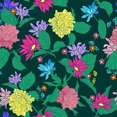 Multi-colored flowers background print for textile. The drawn flowers beautiful illustration for the fabric. Design ornament pattern seamless.