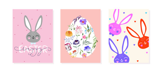Fototapeta na wymiar Easter greeting card, banner design set. Cute bunny, floral egg, hearts and branches. Hand written calligraphy text. Floral arrangement. Modern trendy greeting card and banner templates.