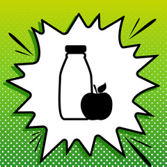 Bottle with apple. Dietology sign. Black Icon on white popart Splash at green background with white spots. Illustration.