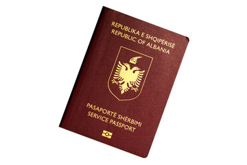 Red biometric service passport of Albania isolated on white background