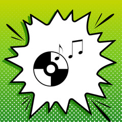 Compact disk with music notes sign. Black Icon on white popart Splash at green background with white spots. Illustration.