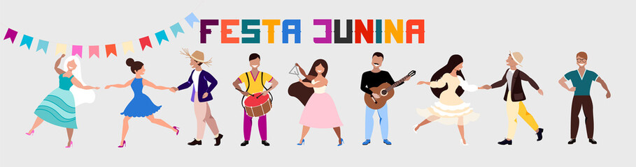 Festa Junina holiday. Hand drawn modern vector character set. Trendy illustration of positive dancing people. Man playing guitar and drums, women with triangle instrument, Couple dancing Forro dance.