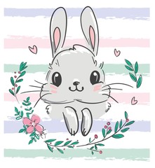 Cute rabbit on the striped background of a floral sketch ornament. stock. Childish design print for textiles. Vector