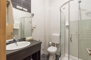 Interior of a hotel bathroom with glass shower cabin