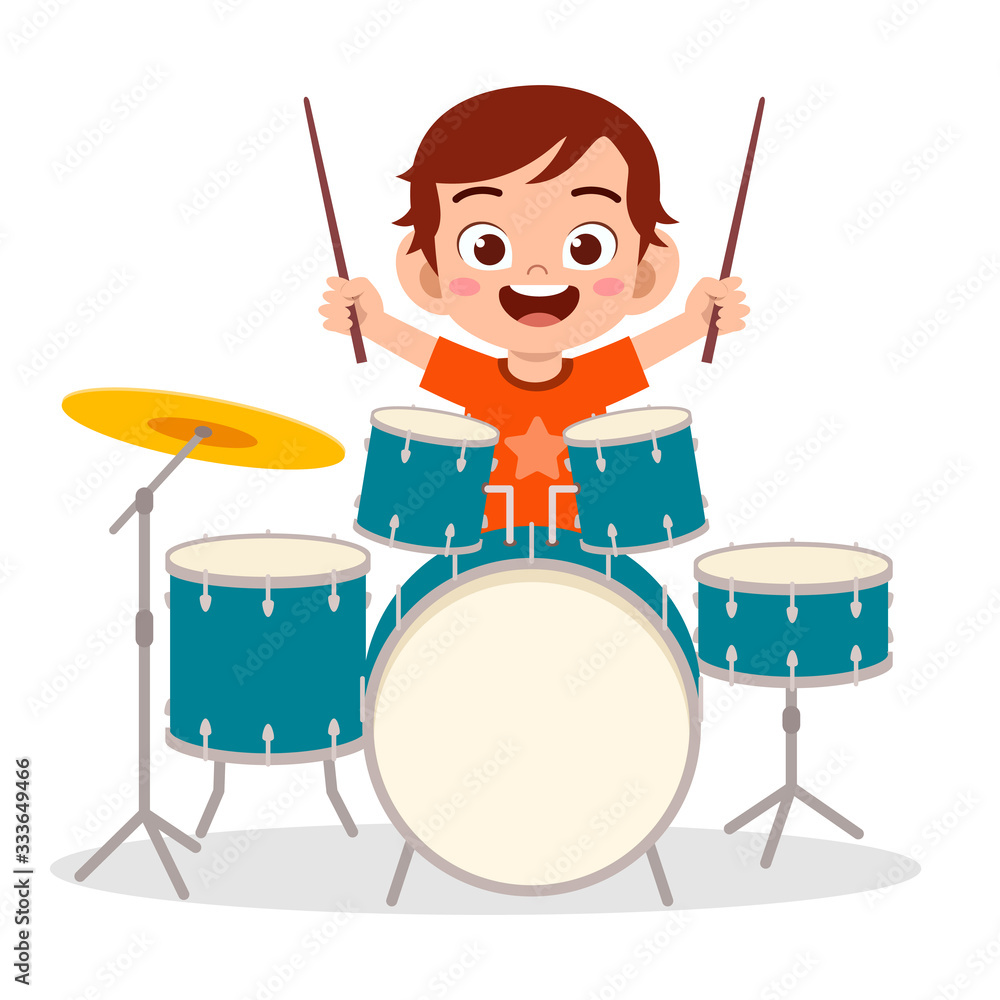 Poster happy cute little kid boy playing drum